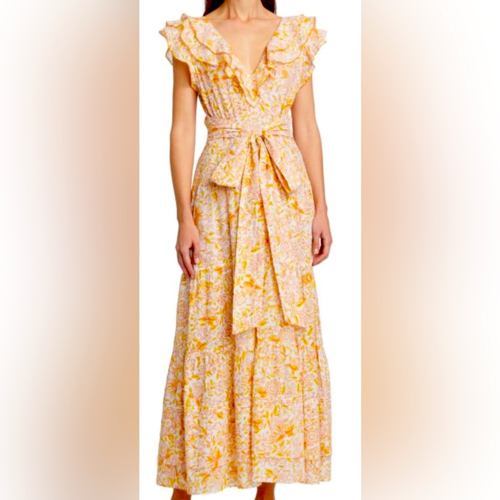 NWT Poupette St Barth Barth Della long Maxi Dress Yellow Floral $390 XS